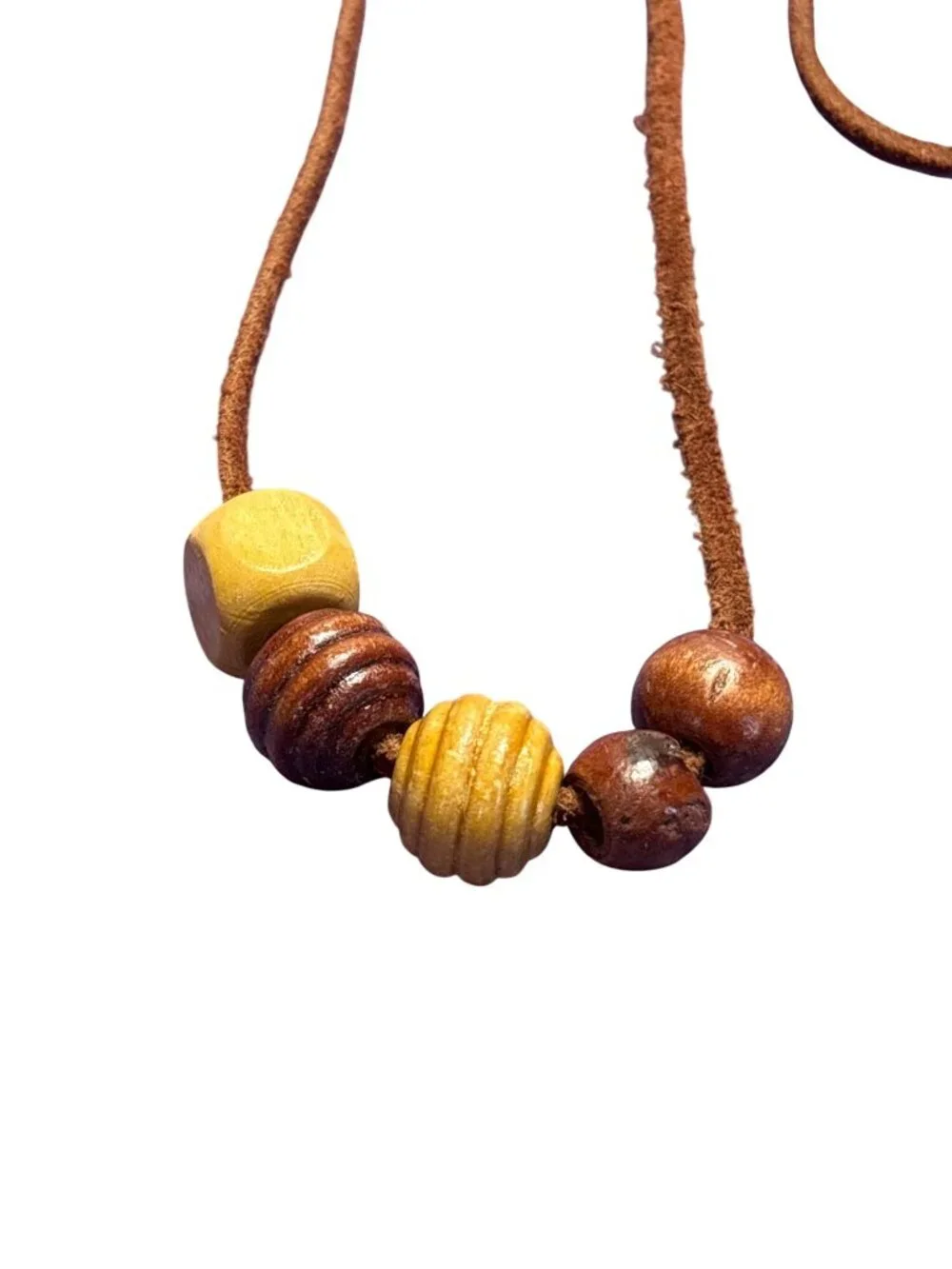 Square Brown Leather Cord Necklace Wooden Beads 26 inches Long